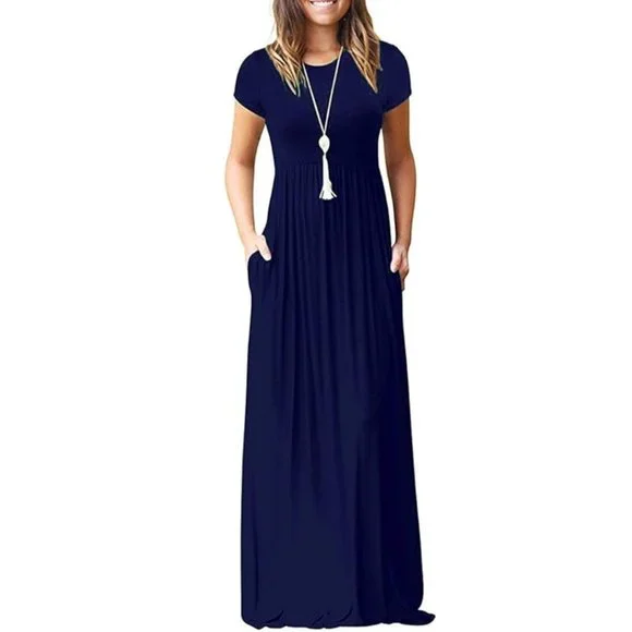 Auselily | Dresses | Auselily Womens Size Xl Navy Blue Short Sleeve Round  Neck Pockets Maxi Dress | Poshmark